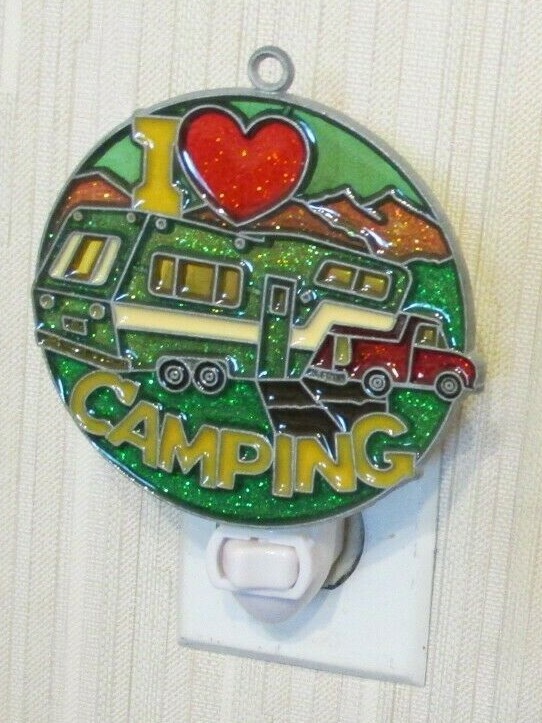 BLUE GLITTER I LOVE CAMPING NIGHTLIGHT (CAMPER TRAILER SUNCATCHER LIGHT)