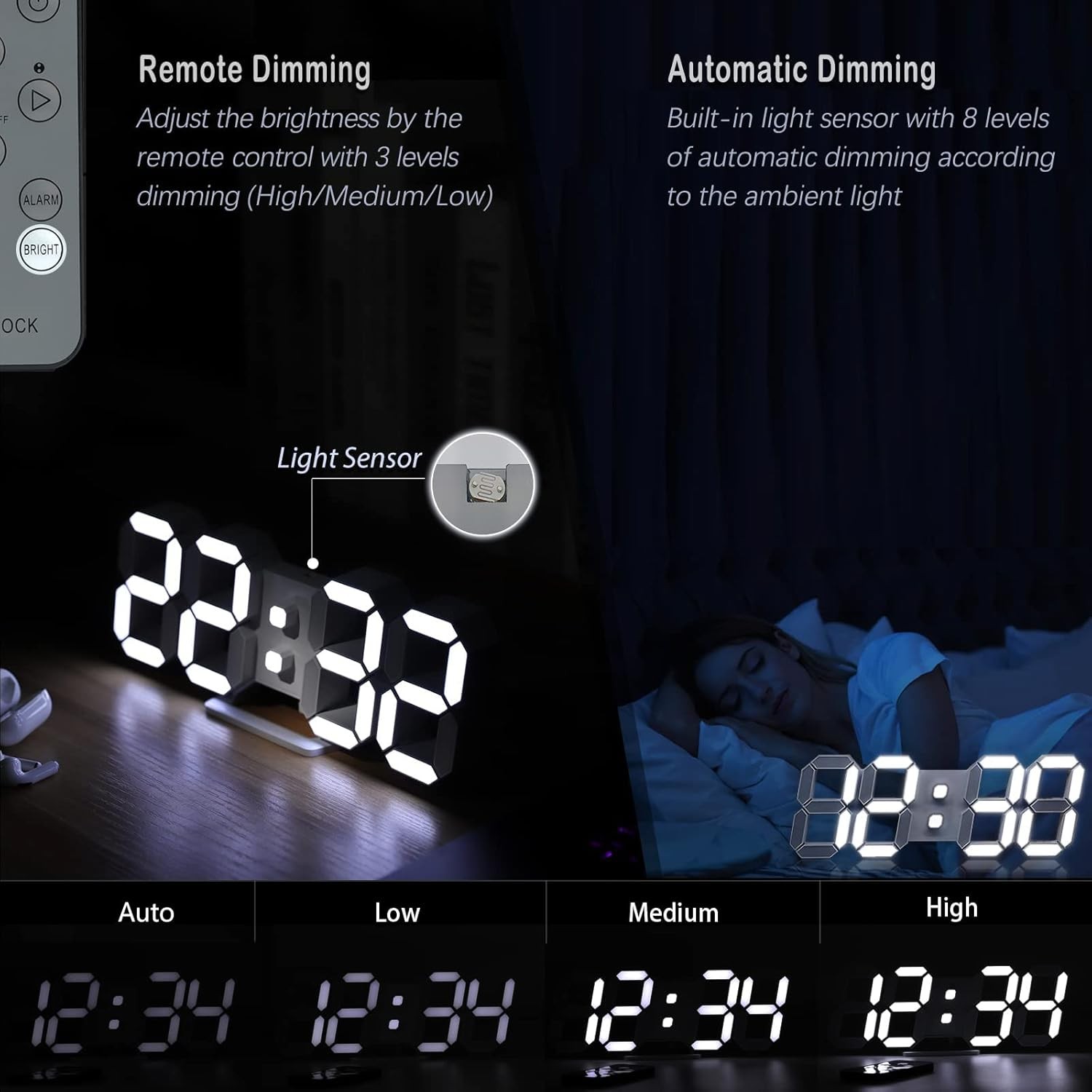 3D LED Digital Wall Clock ,9.7", Large Display Table/ Desk Clock with Remote