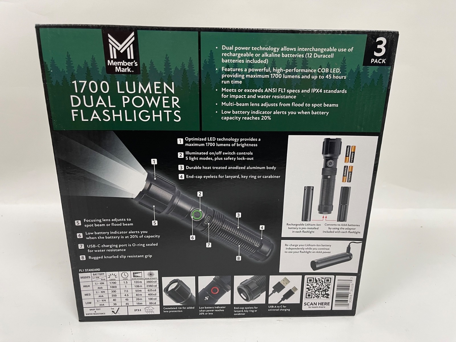 3 Pack Member’s Mark 1700 Lumen Dual Power LED Flashlight Set Rechargeable & AAA