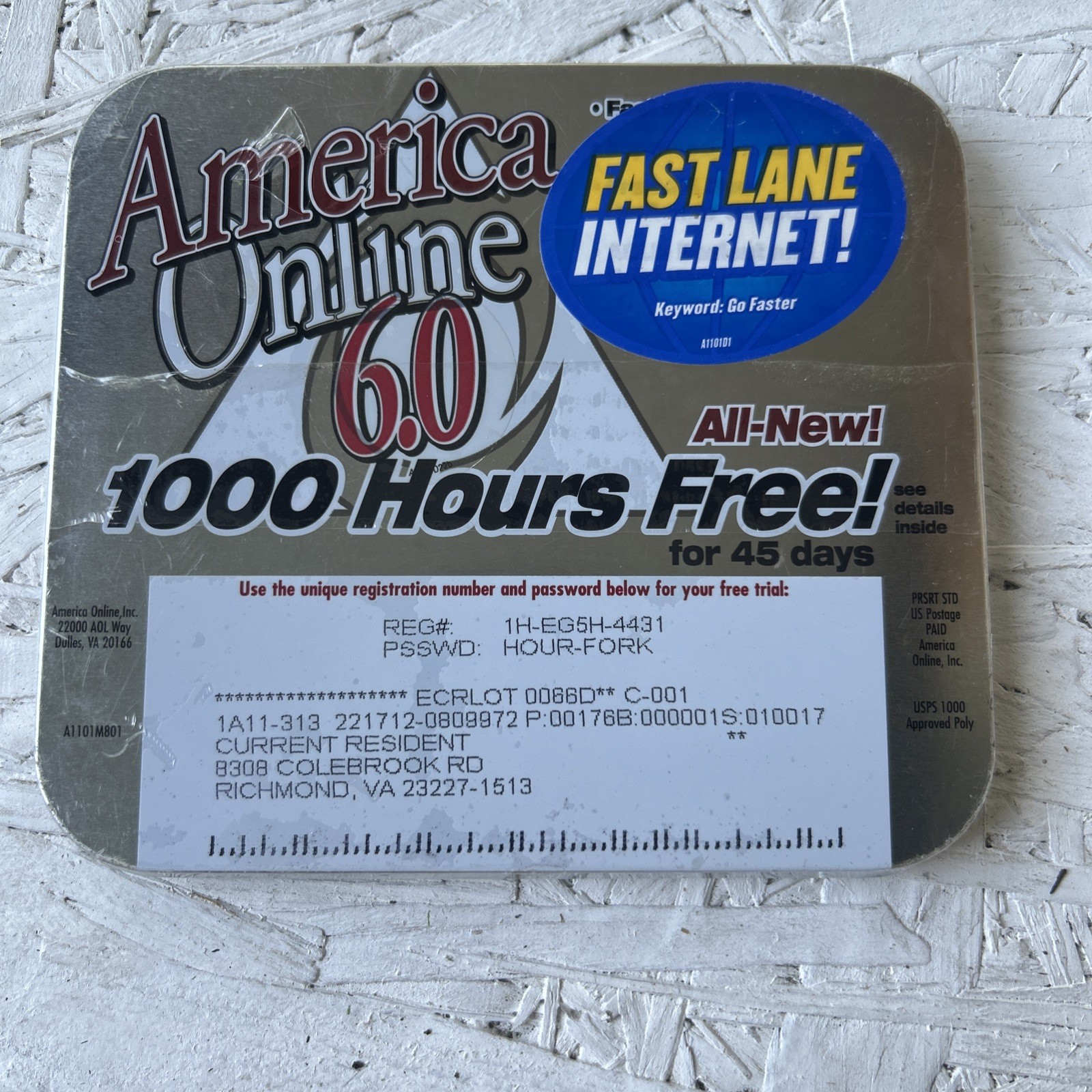 America Online 6.0 1000 Free Hours Software Disk Sealed Metal Case