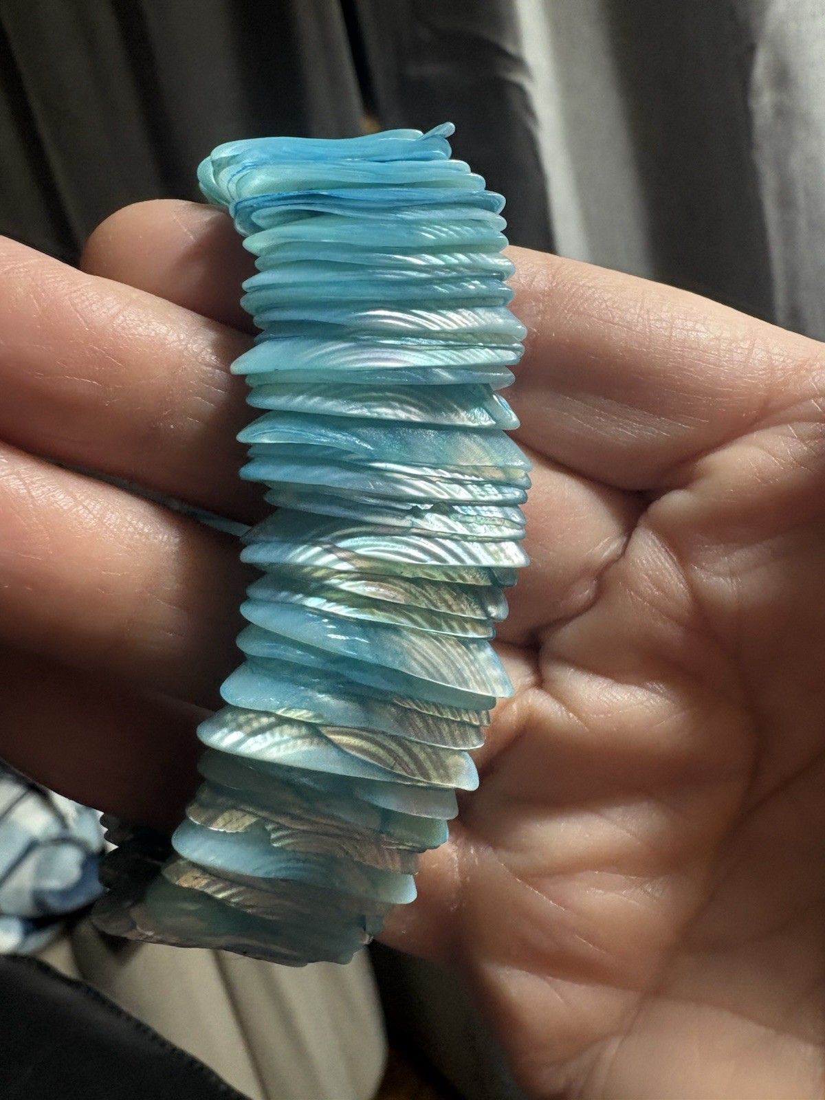 Handcrafted Blue White Shell Stretch Beaded Bracelet Irregular Dyed Nature Theme