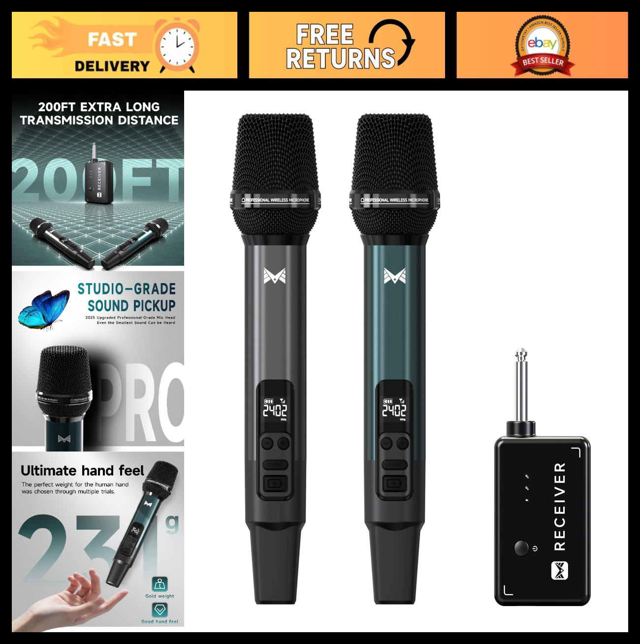 Dynamic Wireless Microphone Set, Rechargeable 40H Battery, 200FT Range, Volume C