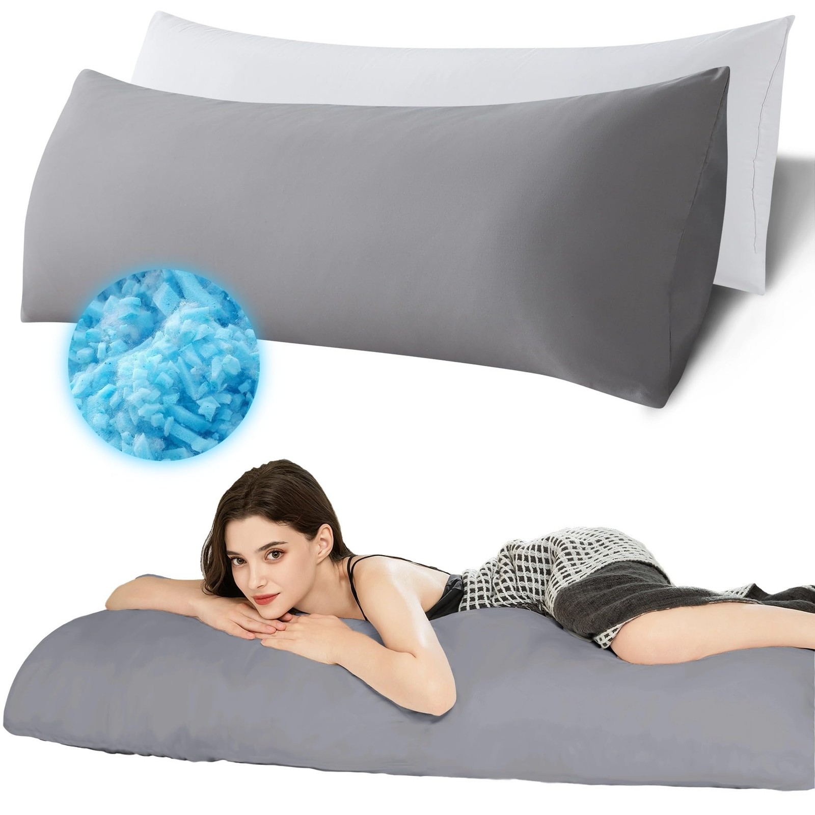 Memory Foam Body Pillow 20x54 Inch Firm Dark Grey Long Bed Pillow With Cover