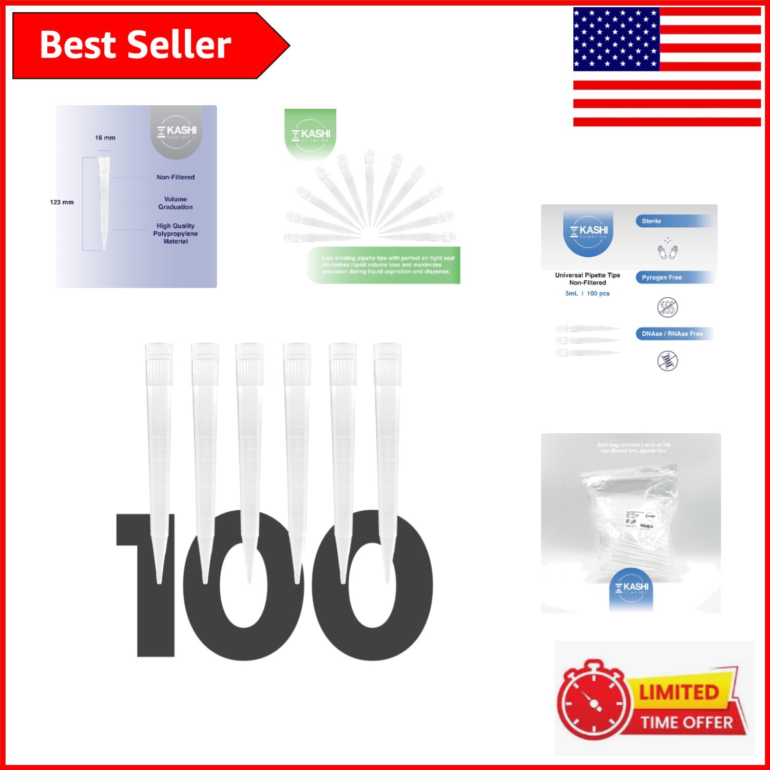 5mL Sterile Low Binding Non-Filtered Pipette Tips - 100pcs, RNase/DNase Free