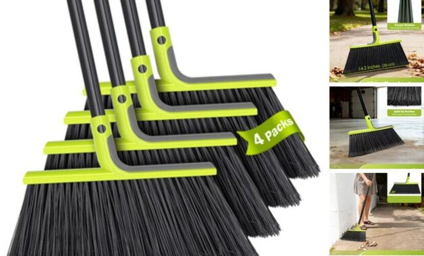 4 Packs Outdoor Broom Heavy Duty, 56 inches Tall Commercial Soft Bristle Green