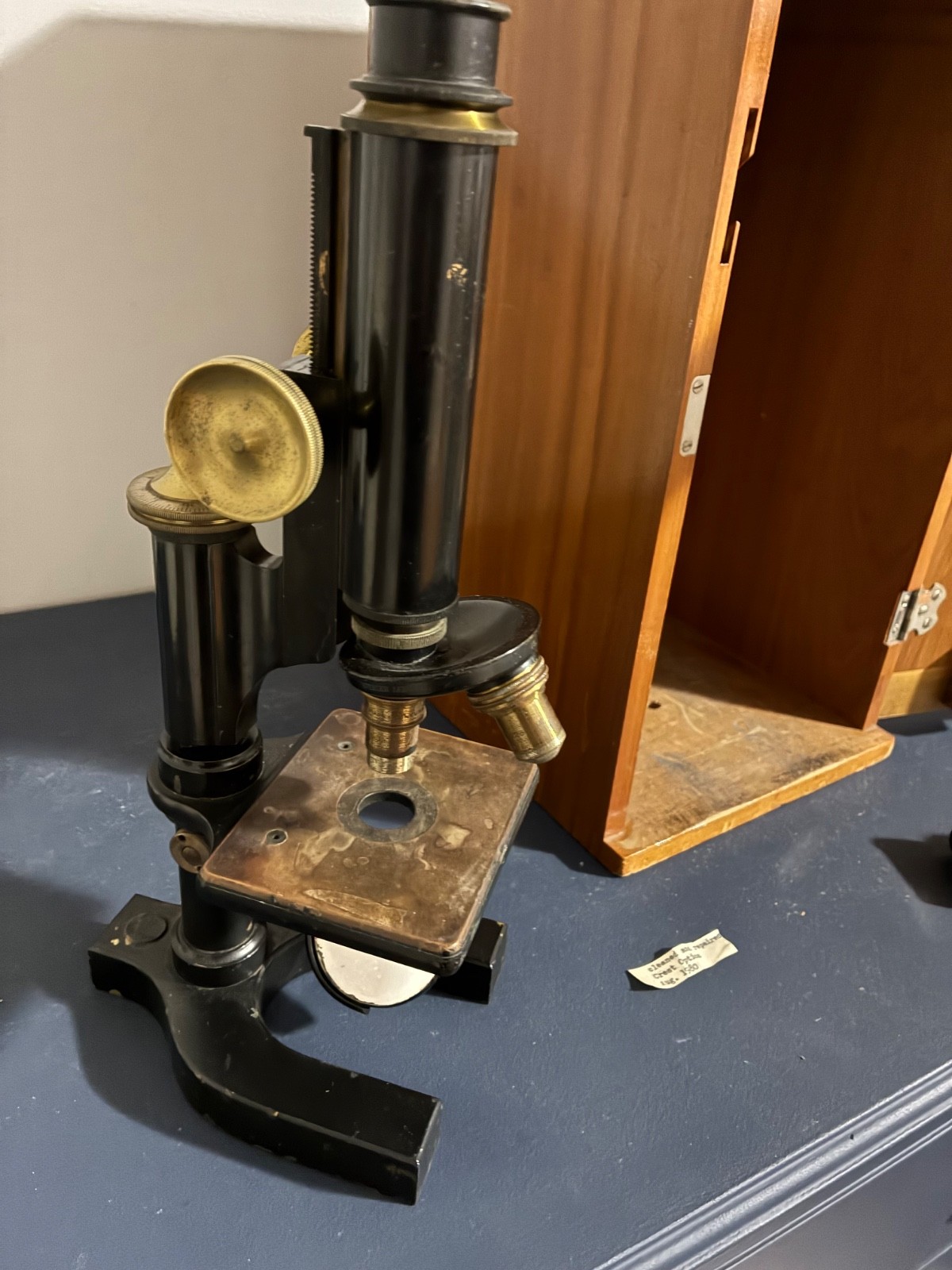Antique black & brass Welch Brass Microscope w/ Wood Box