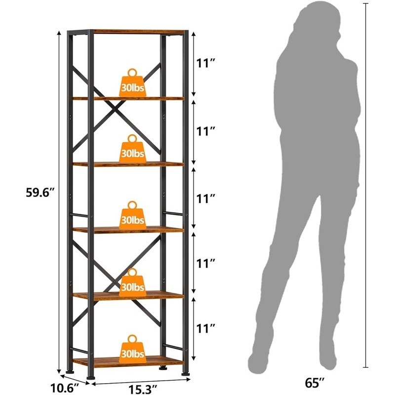 Industrial 6 Tier Bookcase Slim Storage Multi Use Display Rack Easy Assembly