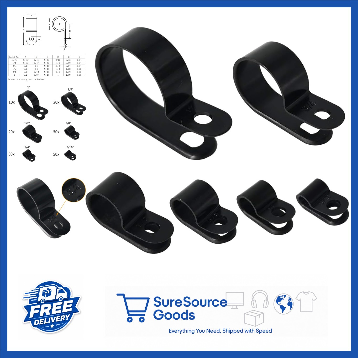 200 Pcs Black Nylon Cable Clamp Clips R-Type Fasteners for Cable Management