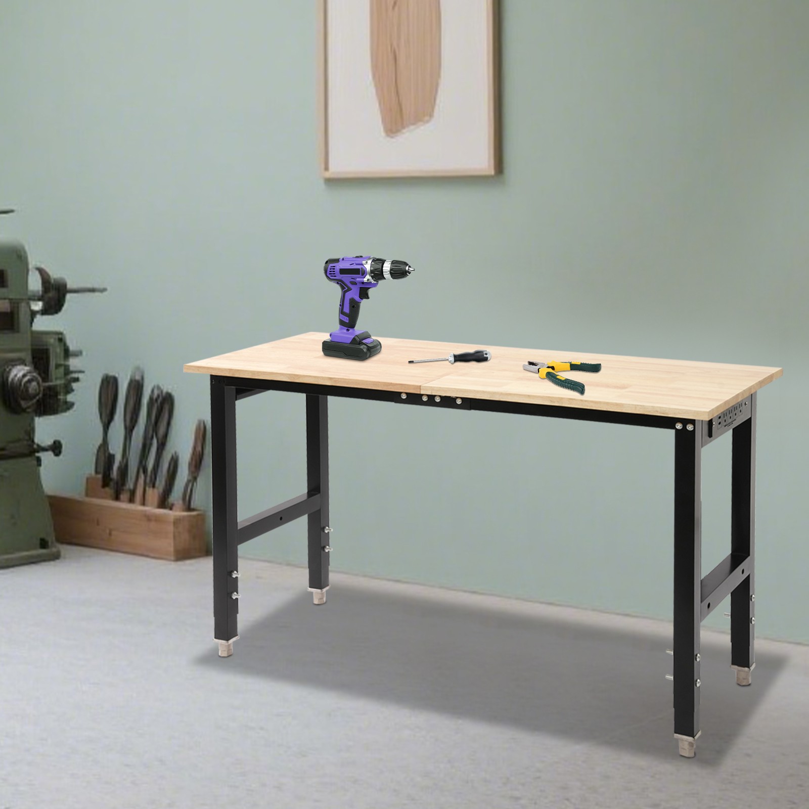 Height Adjustable Workbench with Power Outlets Heavy-Duty Work Table 110V