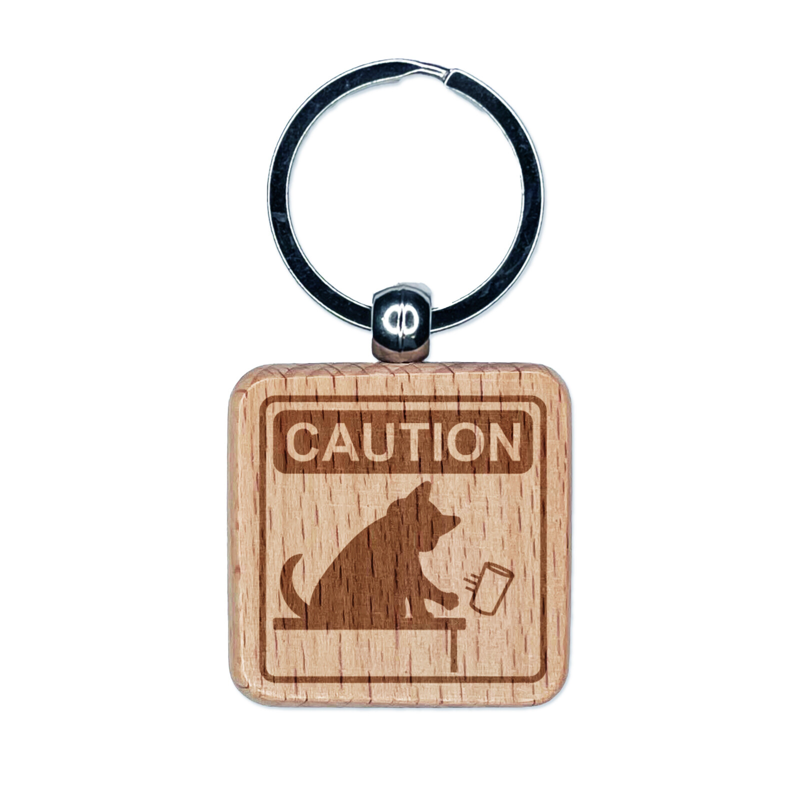 Caution Cat Knocks Things Over Engraved Wood Square Keychain Tag Charm