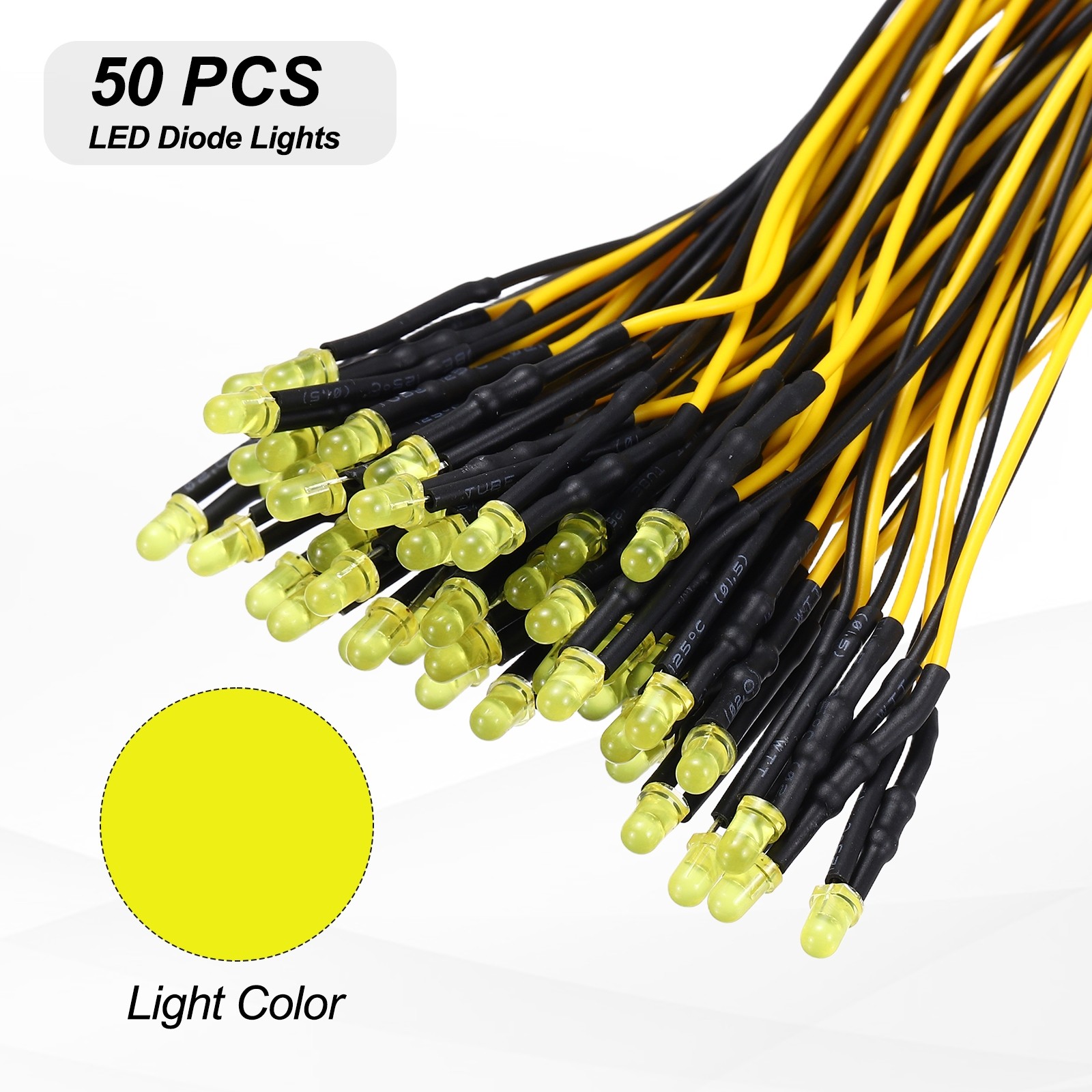 50pcs 3mm LED Diode Lights, Single Flash Yellow Light DC 12V for Electronics