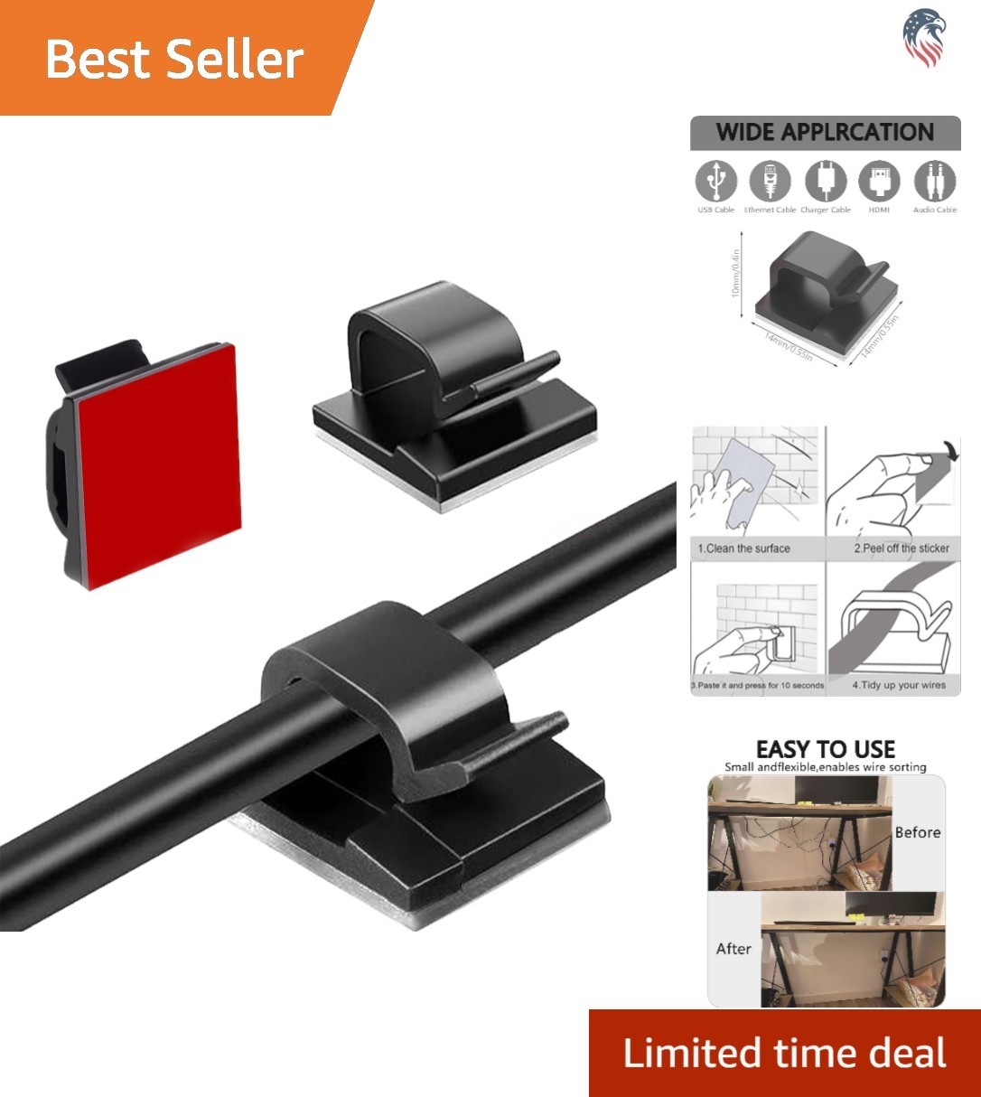 60 Pcs Black R-Type Adhesive Cable Management Clips Wire Organizers