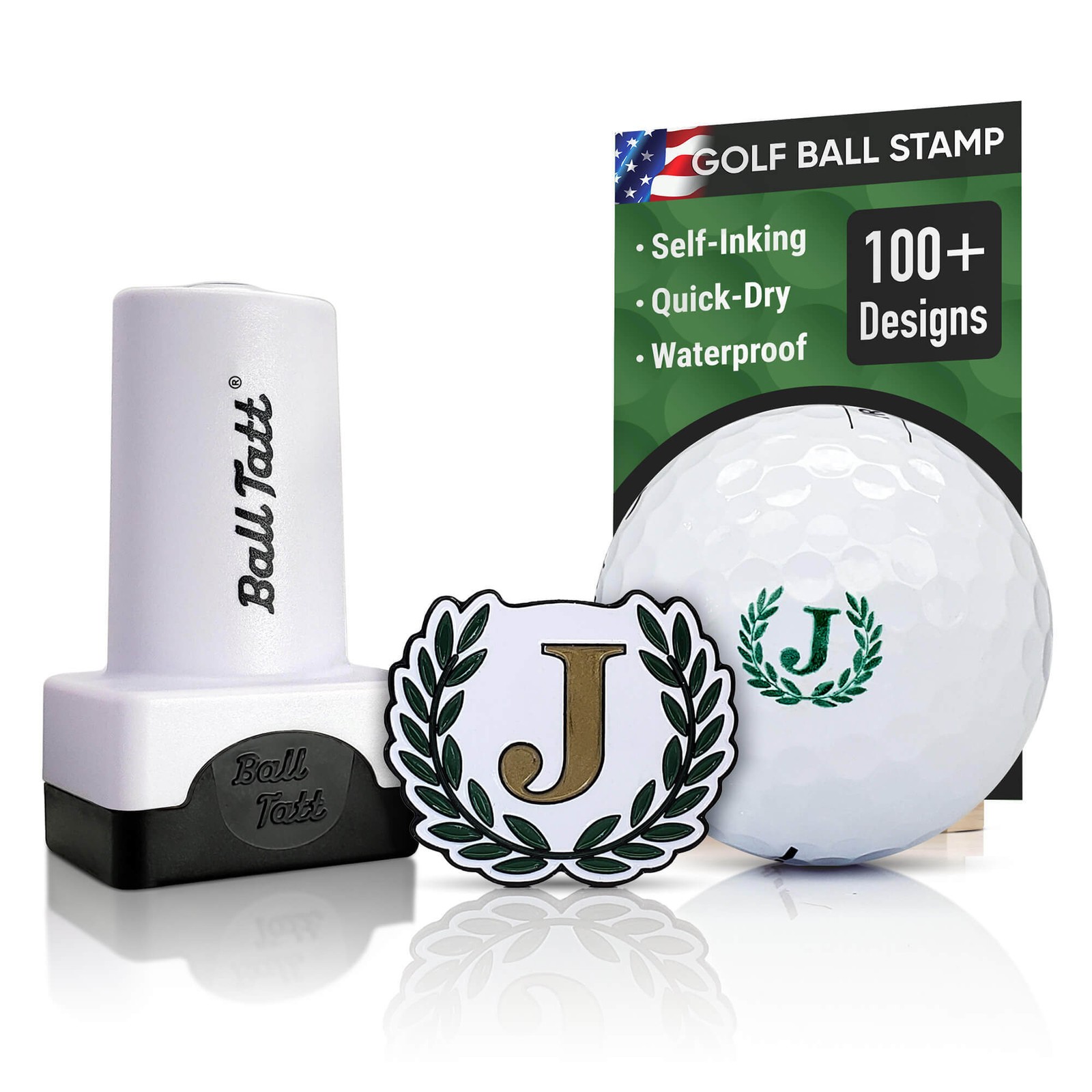 Ball Tatt - J Initial Golf Ball Stamp Self-Inking with Matching Ball Marker