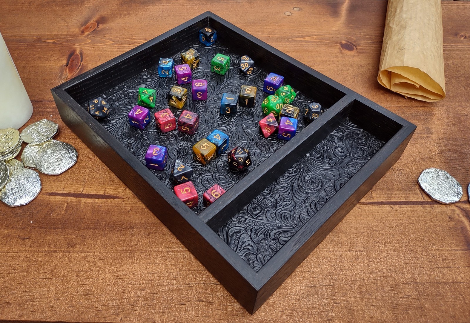 New Handmade Wooden Dice Tray and Storage (Ebony Oak Wood)  Dark Blossom Leather
