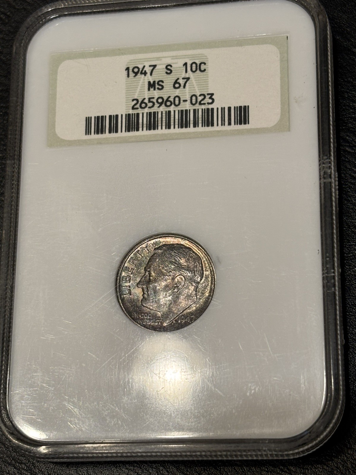 1947 S Roosevelt Dime 10c. MS67 NGC Beautiful colors. Both sides evenly Toned!!!