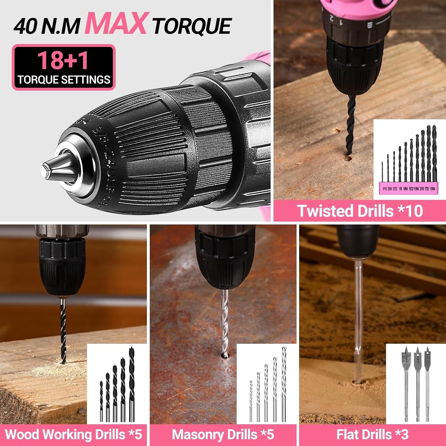 Pink Power Drill Tool Kit Set: 20V Cordless Electric Drill, Driver, Tool Box ...