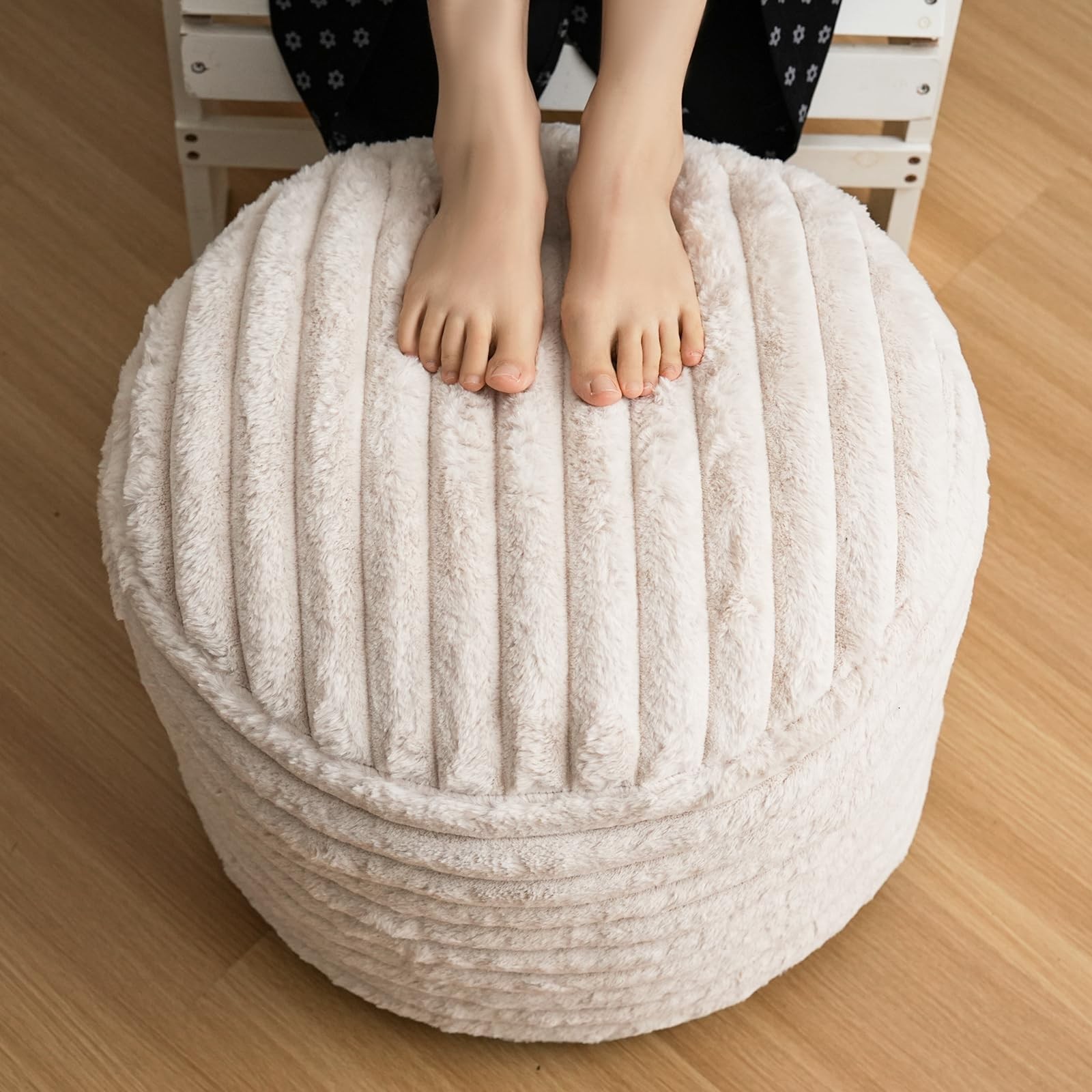 Pouf Ottoman Stuffed Round for Foot Rest, Faux Fur Poufs with Foam Chunk Fill...