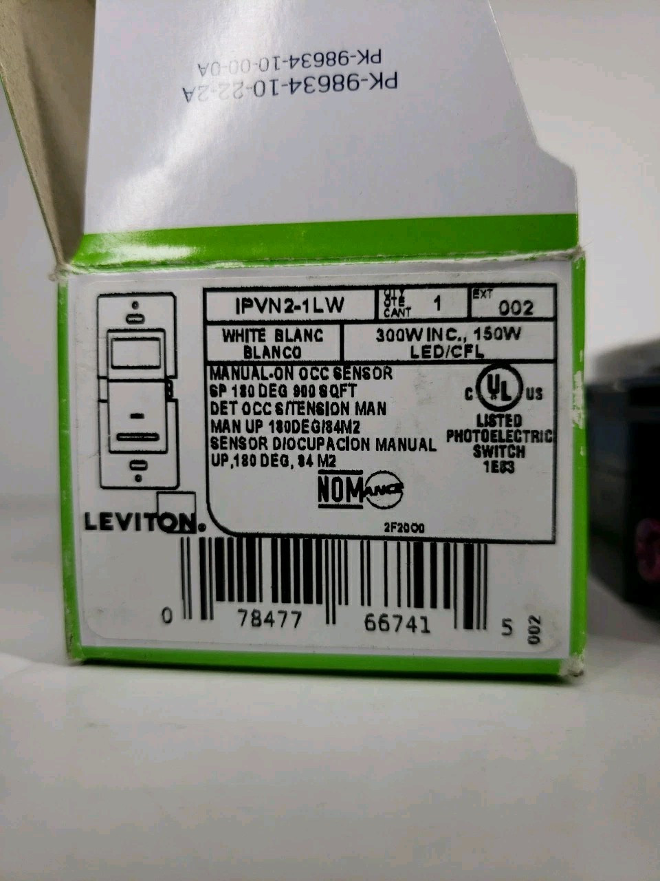 Leviton IPVN2-1LW White Decora Motion Sensor Manual On Wall Box Sensor