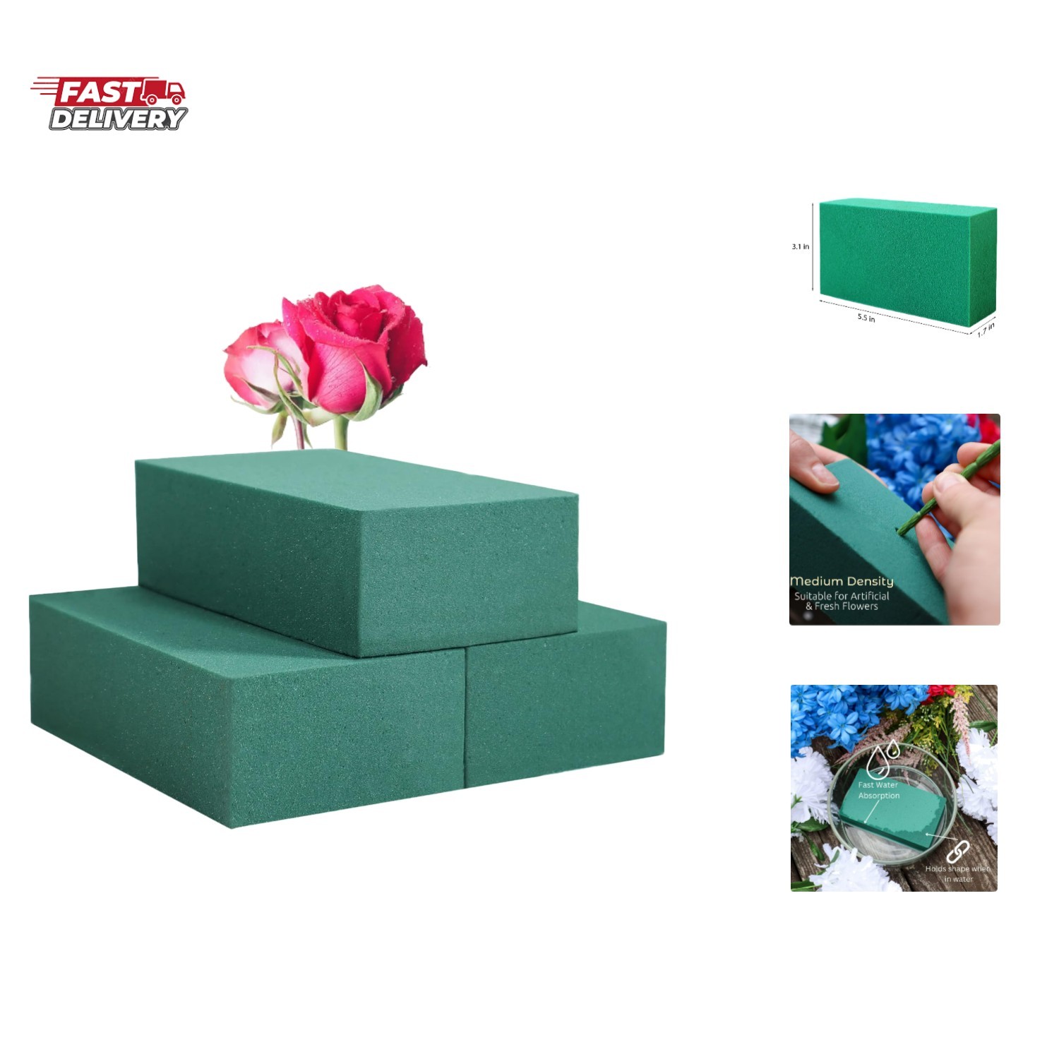 Pack of 3 Floral Foam Blocks Each 6"L x 3.38"W x 1.85"H Green Wet & Dry Flowe...