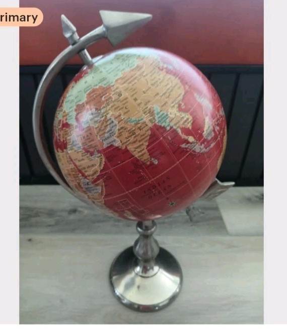 Vintage World Globe - 16"H Globe - Rotating - silver tone metal Desk Decor - Red