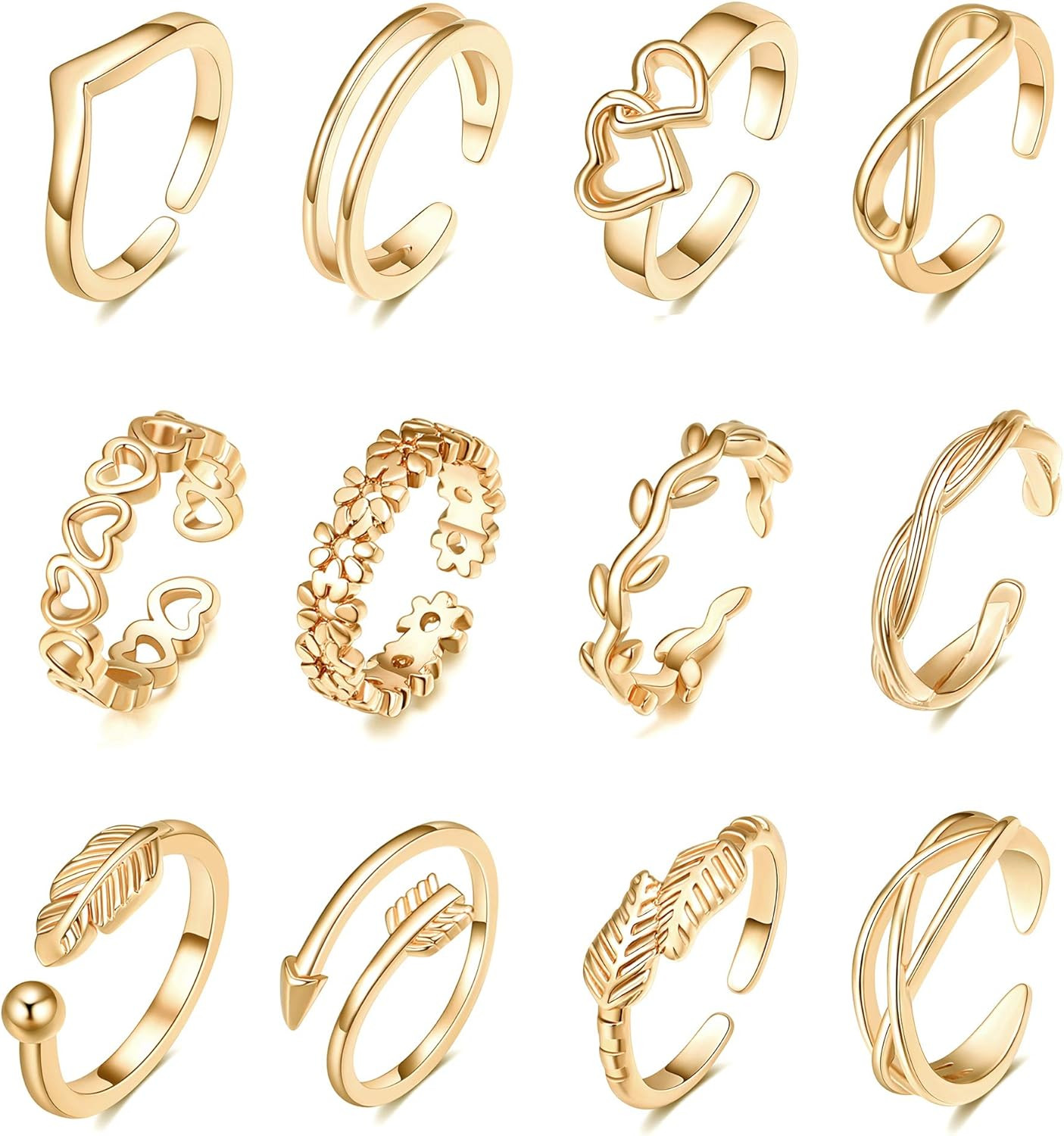 12PCS 14K Gold Plated Adjustable Toe Rings for Women Flower Arrow Band Open Tail
