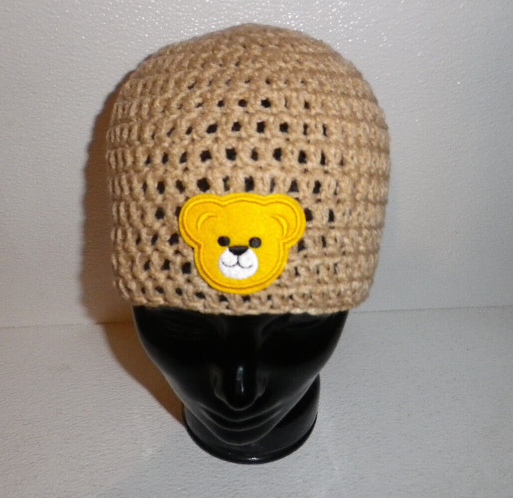 Hat Beanie Cap Adult Size Teddy Bear Applique Handmade USA Knit Tan