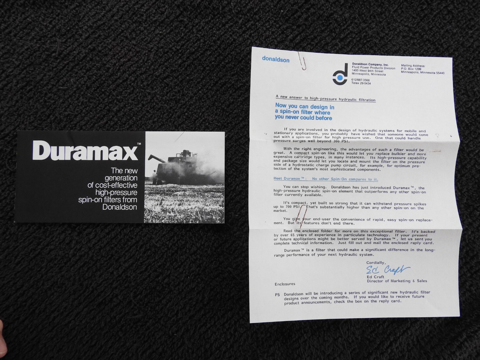 1980 Donaldson Company Oil Filters Sales Literature Signed Letter Minneapolis MN