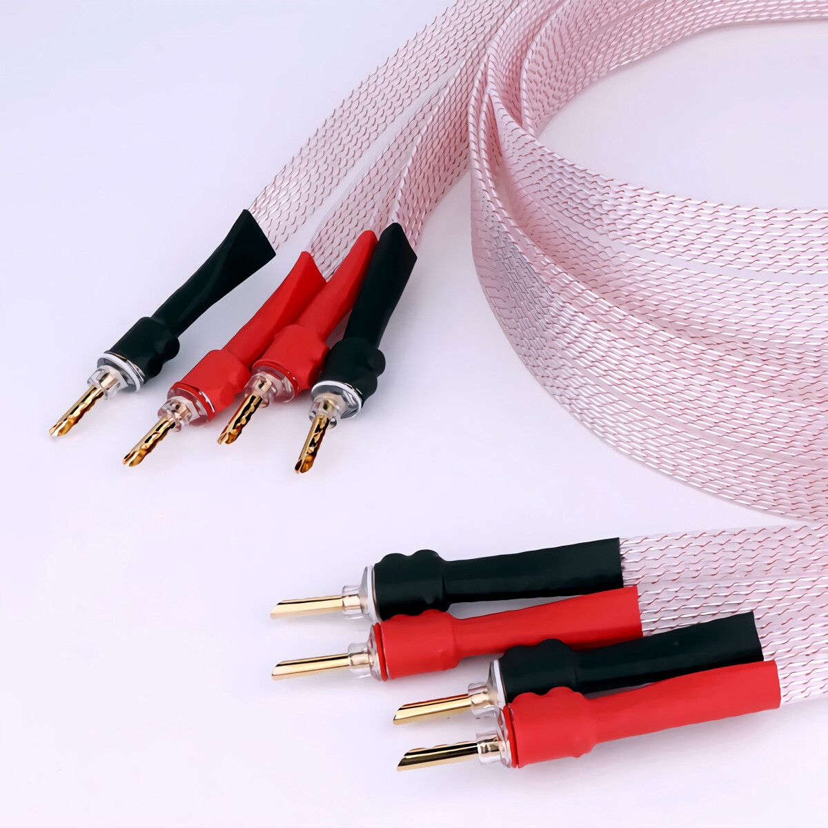 Silver Plated 8N OCC PTEE Ribbon Flat HiFi Speaker Wire Cable with Banana Plug