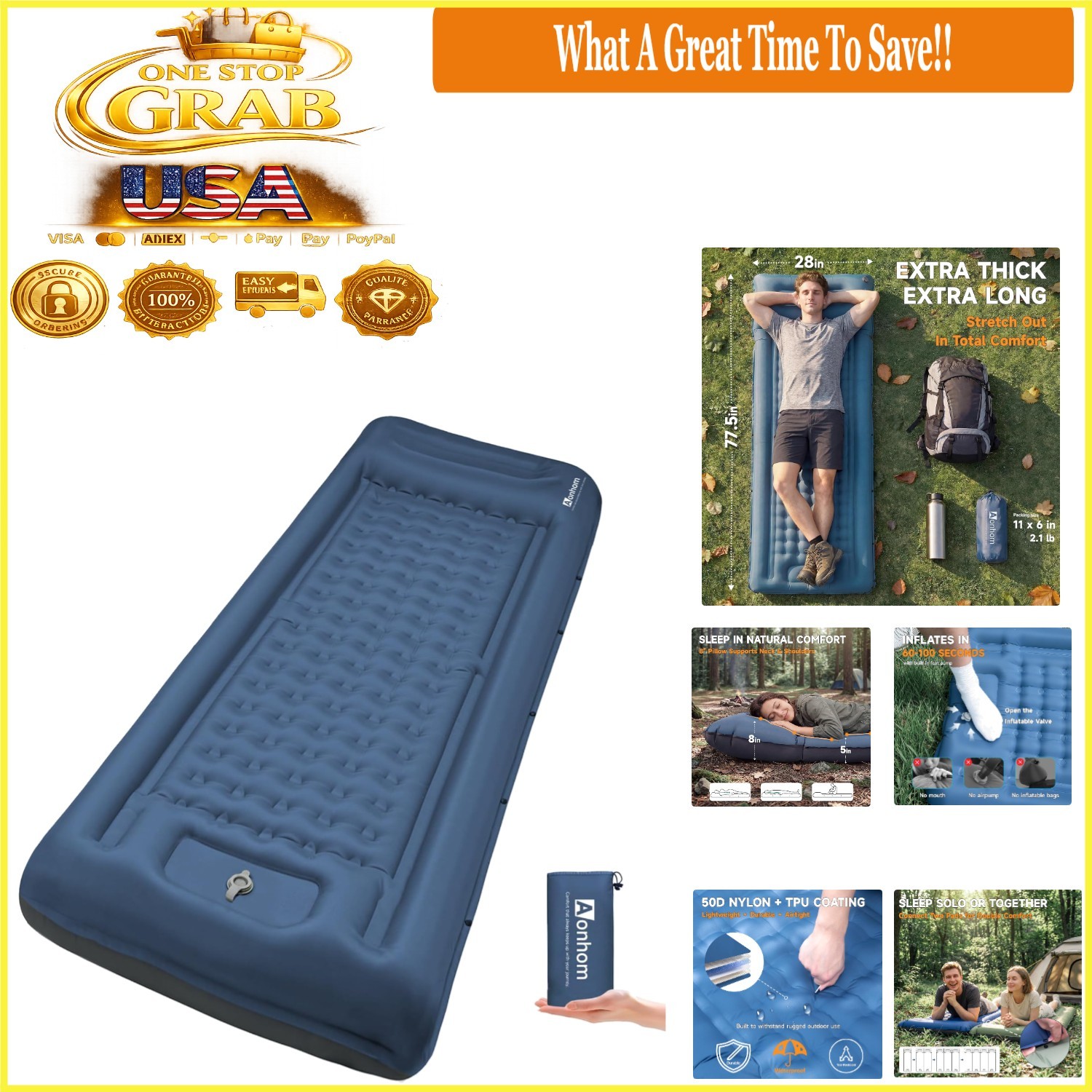Ultralight Camping Sleeping Pad Inflatable Mattress with Pillow Waterproof