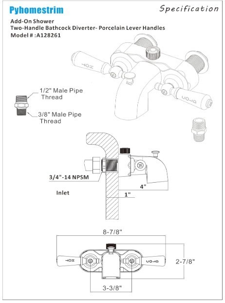 Heavy Duty Bathcock Diverter Shower Attachment for Clawfoot Tub Faucet 2 Lever
