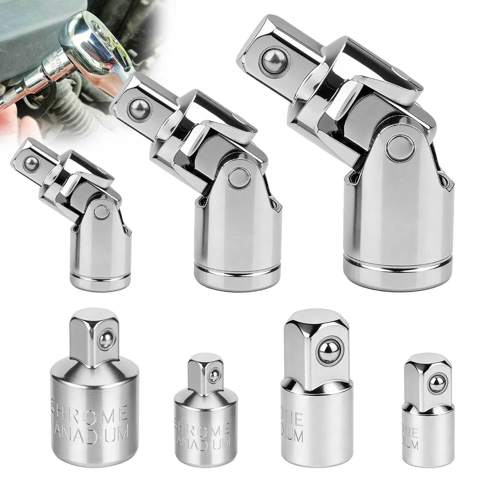 7PCS Impact Universal Joint Swivel Socket Adapter Set 1/4" 3/8" 1/2" Drive 360°