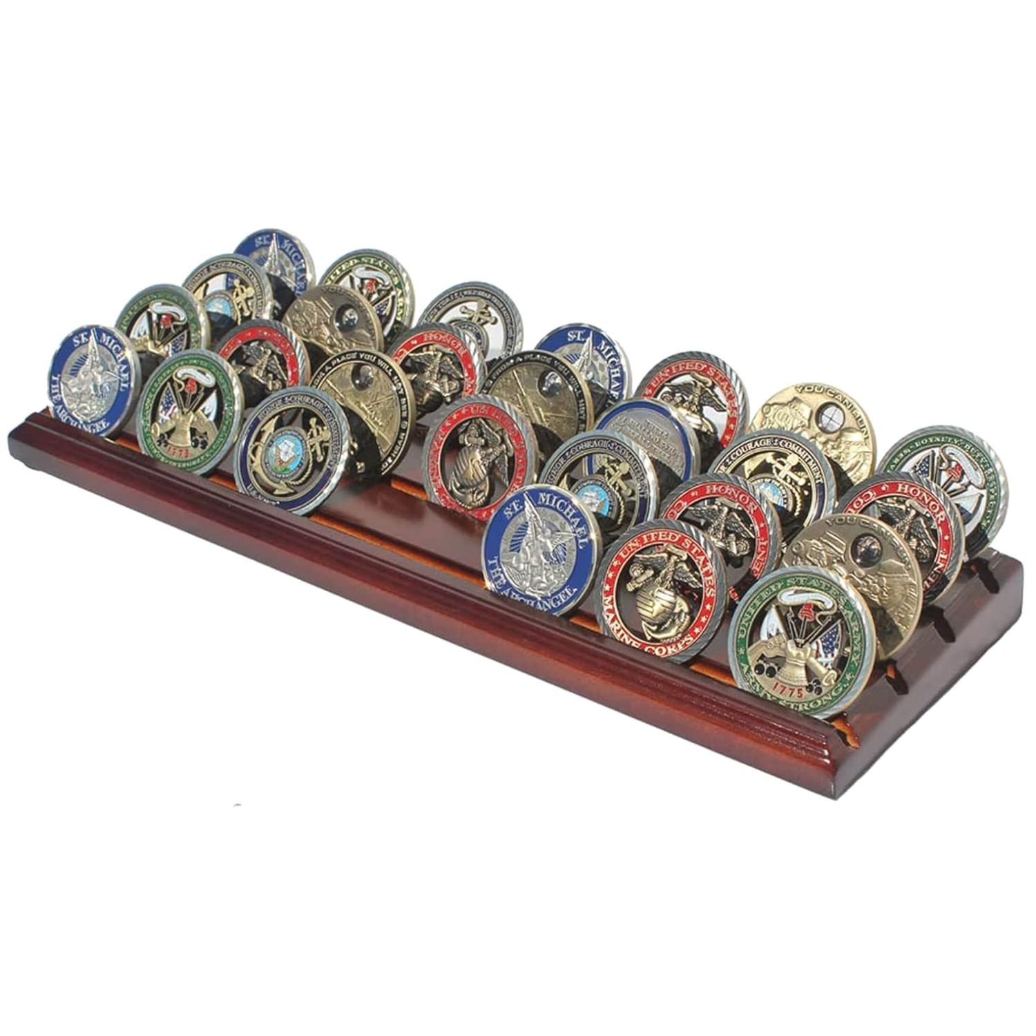 Treasure Your Service: 28 Coin Wooden Display Rack with Elegant Walnut Finish