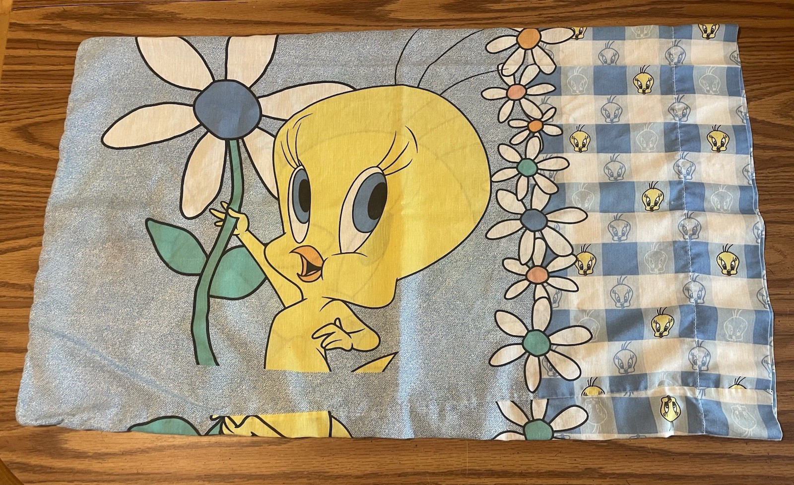 Vintage Looney Tunes Pillowcase Tweety Bird 1998 Warner Brothers Blue Plaid