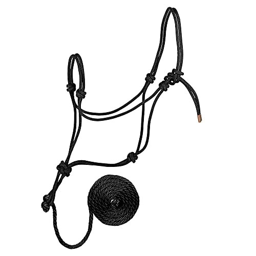 Black Hand Knotted Poly Rope Halter with Double Noseband and 10ft Lead