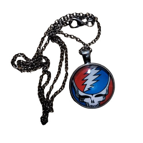 Grateful Dead Steal Your Face Glass Cabochon Necklace Gunmetal Charm & Chain New