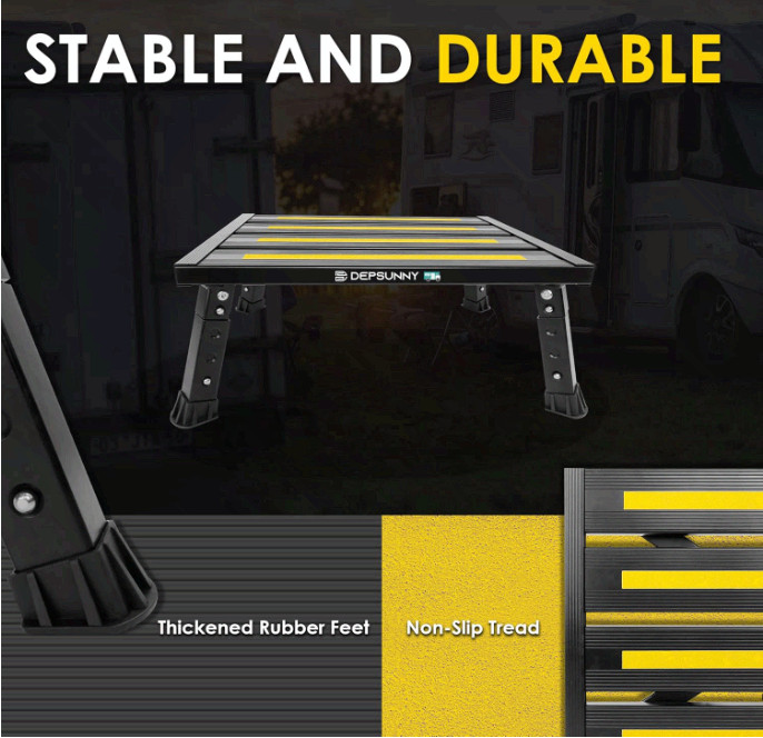 Foldable adjustable RV step, non-slip, supports 1000 lb, portable
