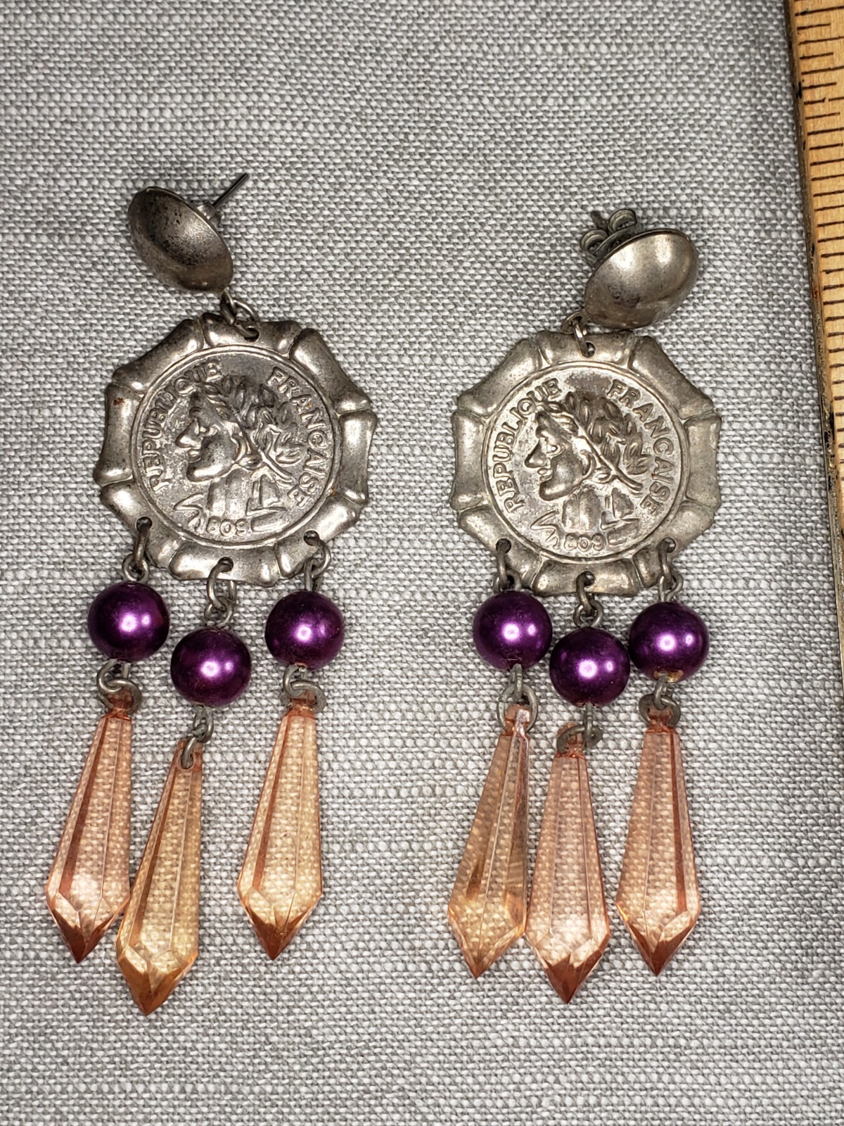 Republique Francais Earrings Pierced Simulated Coin Dangle C54