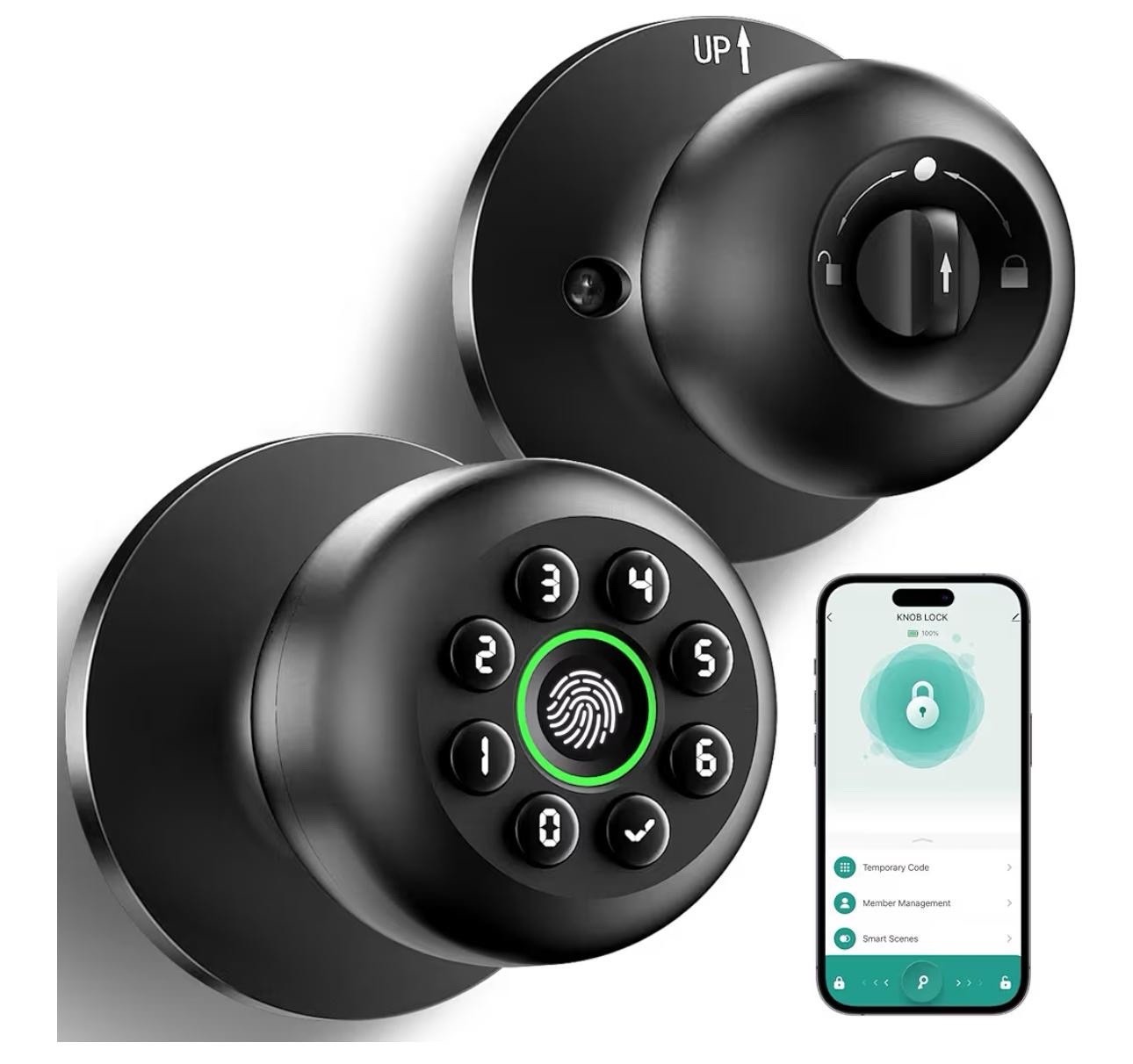 Black Smart Door Lock Fingerprint Keypad Bluetooth App Control Matte Finish