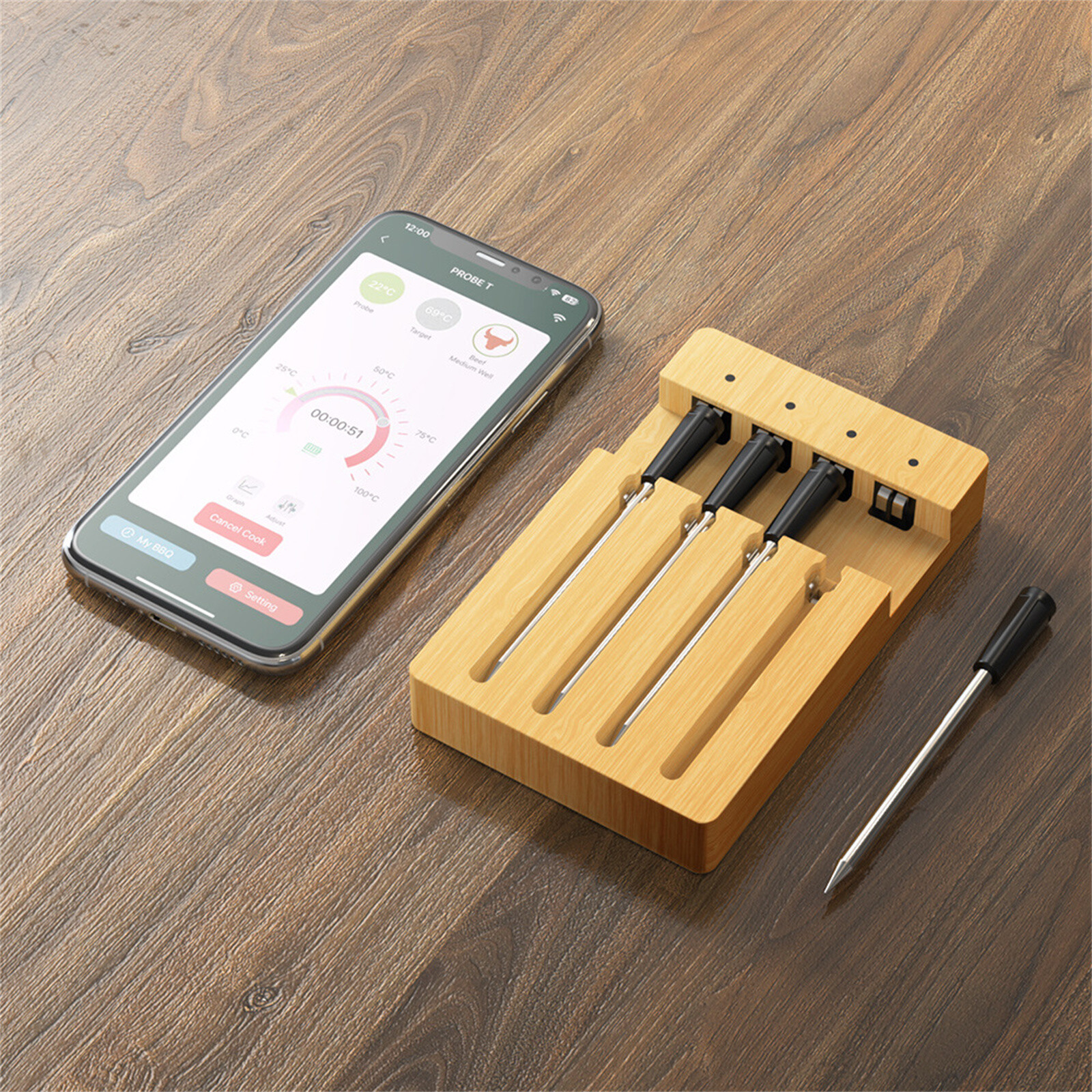Wireless 4 Probe Digital Bluetooth Smart Meat Thermometer For Oven Grill BBQ