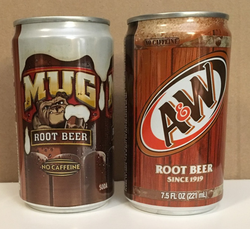 MUG AND A&W ROOT BEER  7.5 OUNCE EMPTY MINIATURE SODA CANS - CAFFEINE FREE !!!