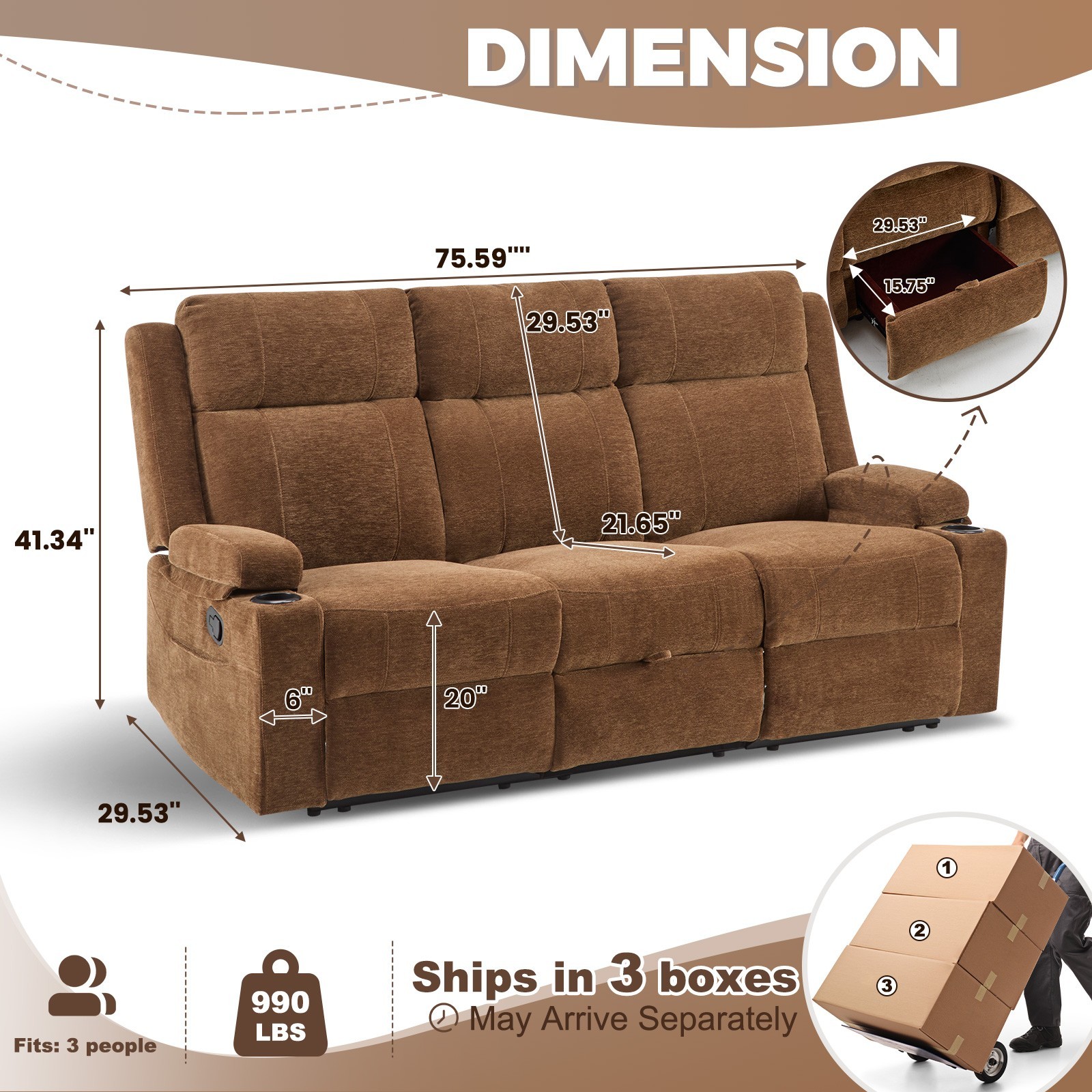 Chenille Reclining Sofa 3-Seater with Convertible Table, Storage Ottoman
