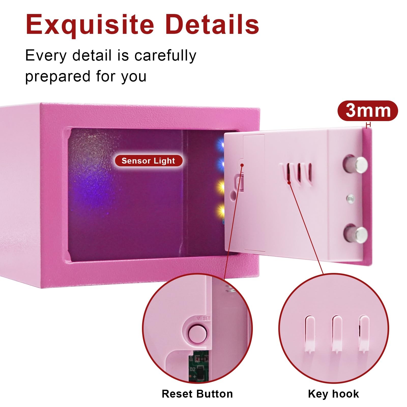Pink Safe Box with Sensor Light Electronic Digital Keypad Steel Small Safe