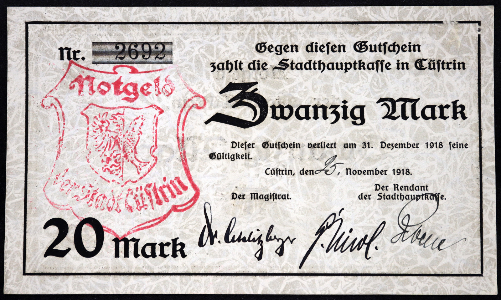 CÜSTRIN / KÜSTRIN / KOSTRZYN Nov 25 1918 RARE 20 Mark Grossnotgeld German Poland