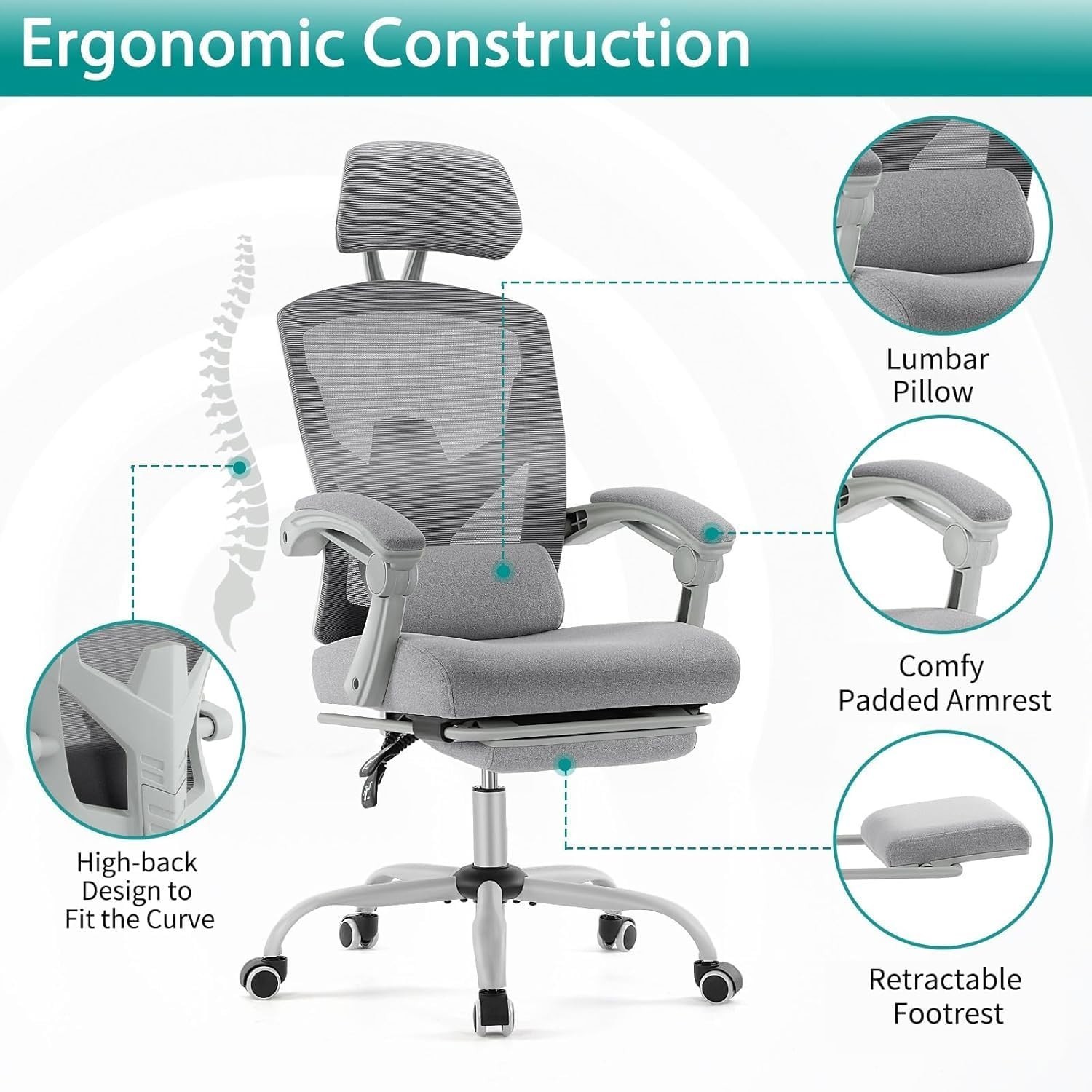 Adjustable Ergonomic Office Chair with Mesh Back & Retractable Footrest - Grey