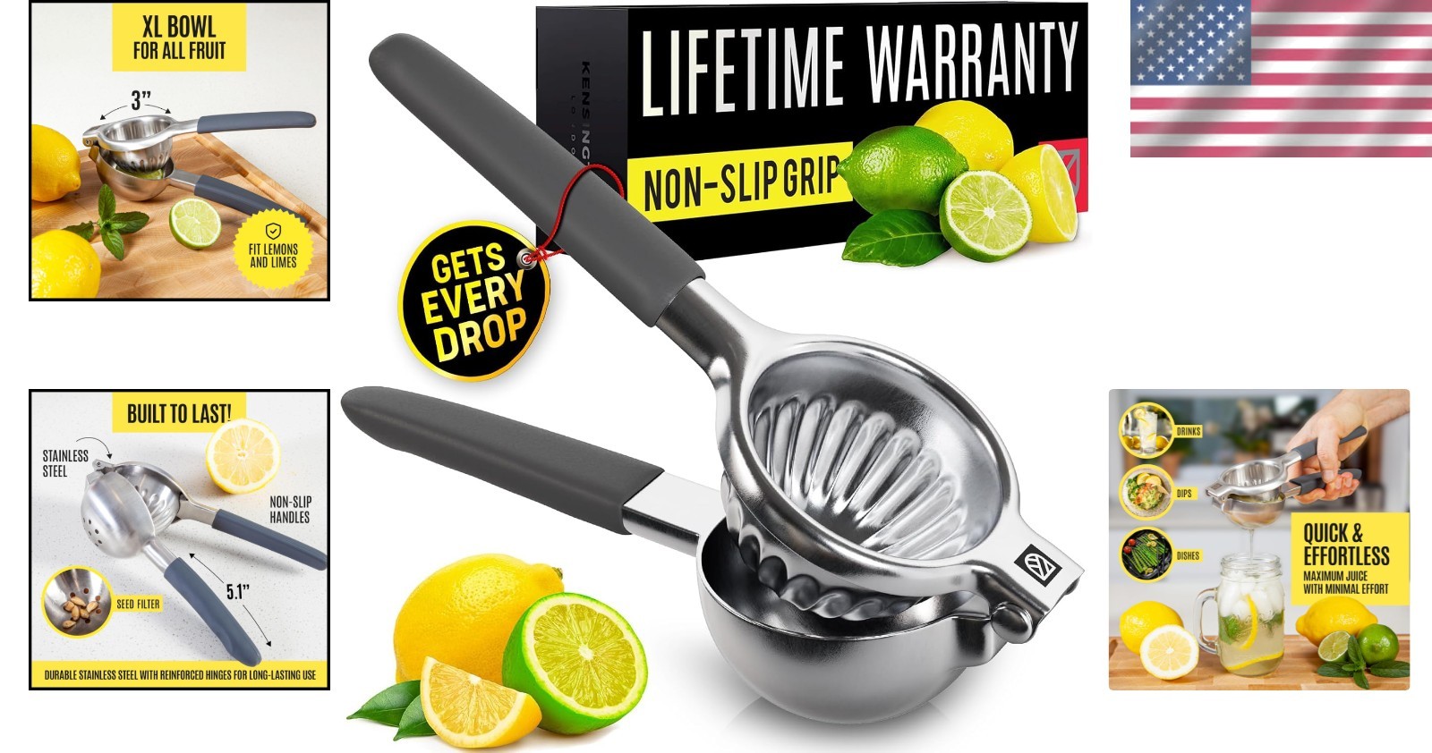 Stainless Steel Lemon & Lime Squeezer - Ergonomic, Seed-Free Juicing