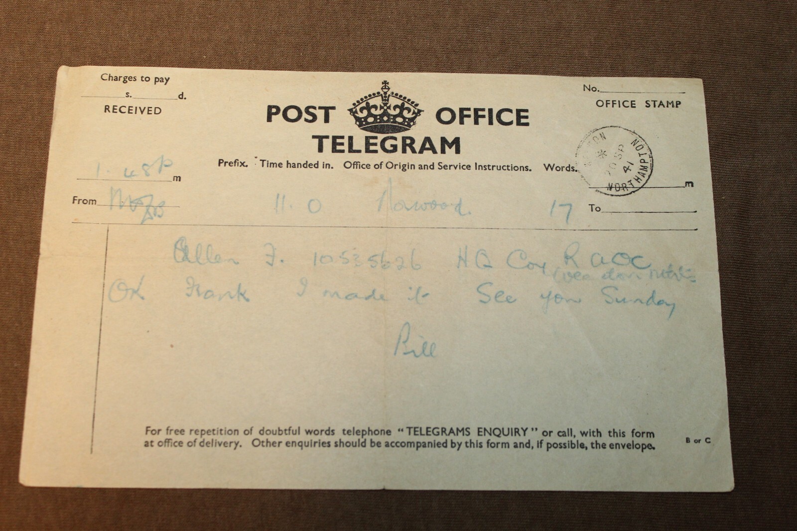 Original WW2 British Army Soldier's Post Office Telegram, (19)41 dated