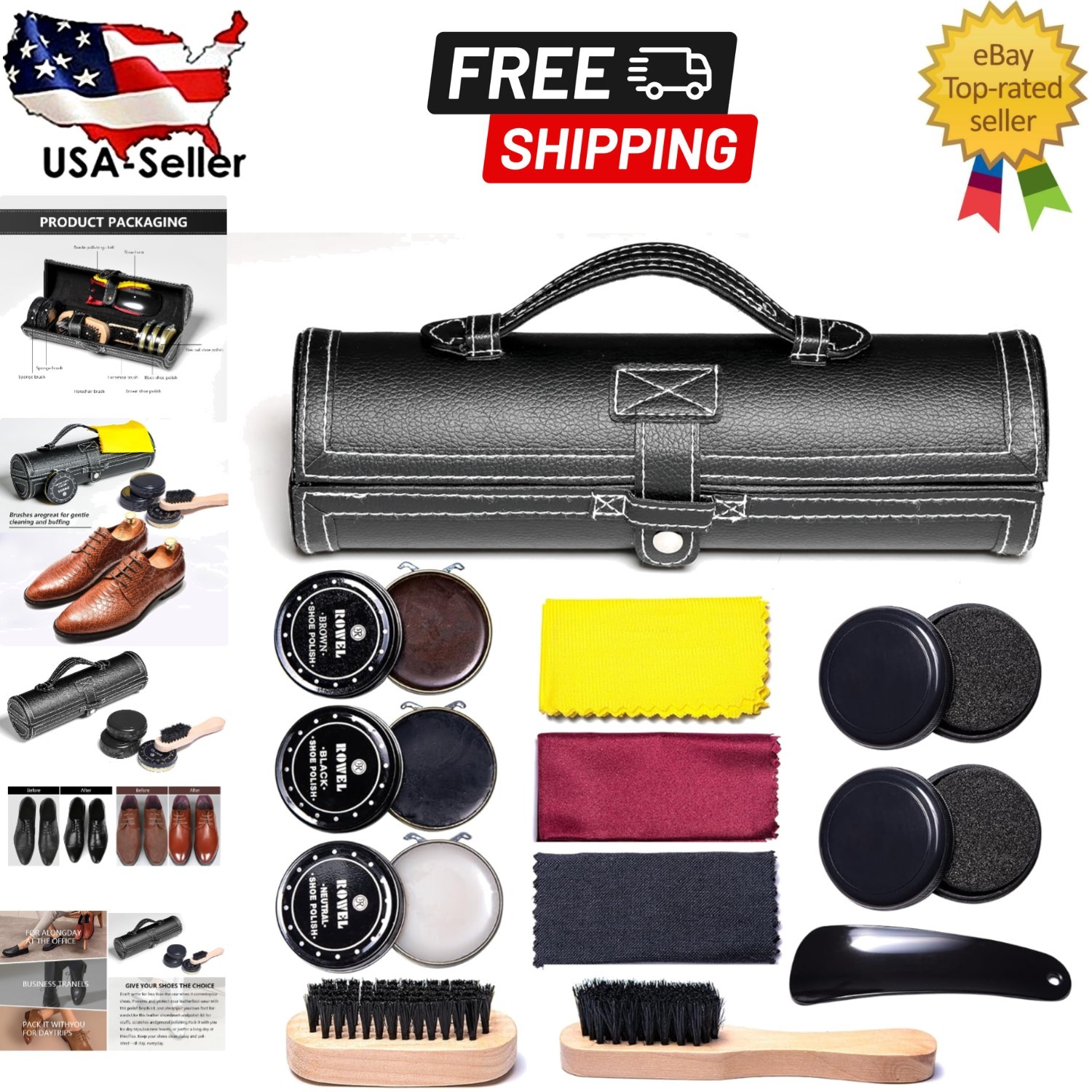 12PC Leather Shoe Shine Kit with Brushes & Polish - Travel-Friendly