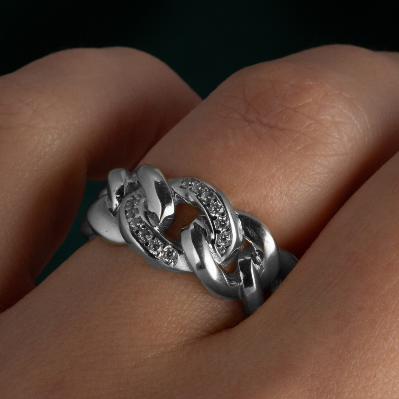 Sterling Silver CZ Cuban Chain Link Statement Ring 9.5 mm