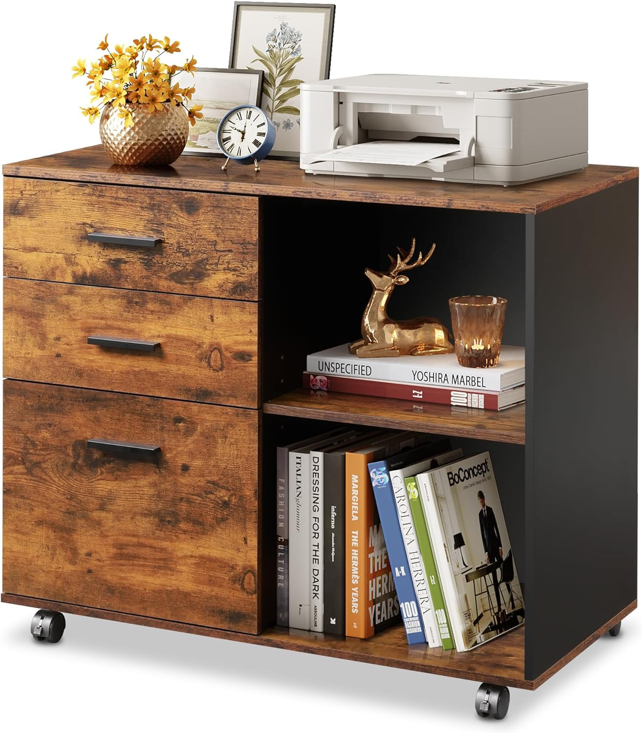 3 Drawer Mobile File Cabinet, Wood Lateral Filing Cabinet, Printer Stand with Op