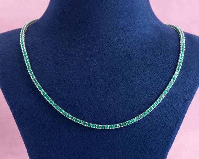 9Ct Round Lab Created Green Emerald Tennis Necklace 14K White Gold Plated 18"